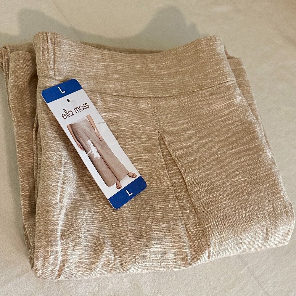 Ella Moss Women's Linen Blend Pant Size L Tan Wide Leg Cottagecore Coastal (NEW)